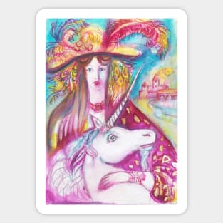 UNICORN  AND LADY WITH PEACOCK FEATHERS Sticker